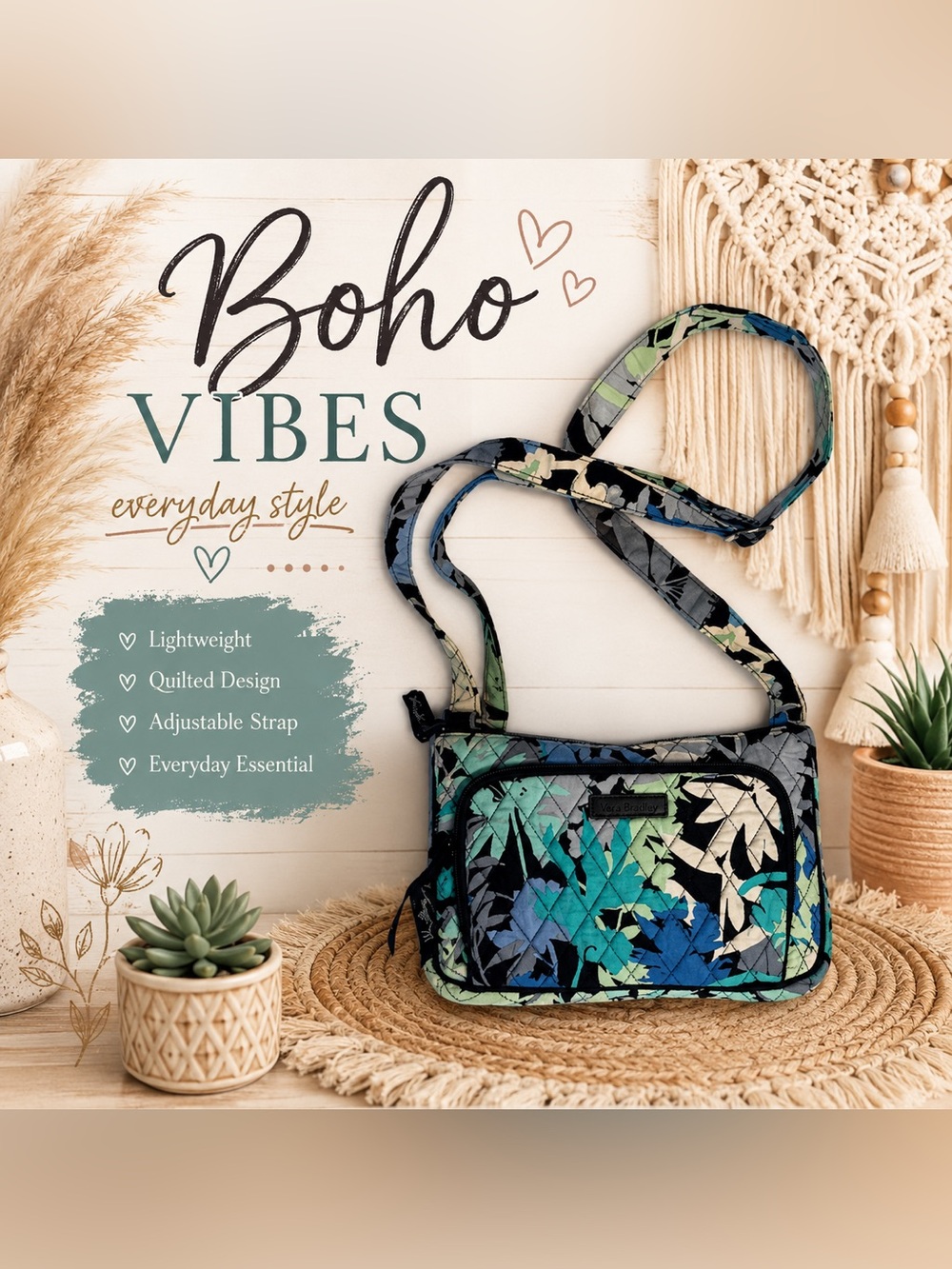 Vera Bradley Quilted Crossbody Bag Blue Camo Floral Print Adjustable Strap